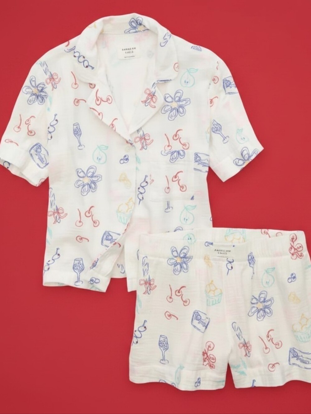 American Eagle Outfitters Gauze Pajama Set with Multicolor Prints EXTRA SMALL